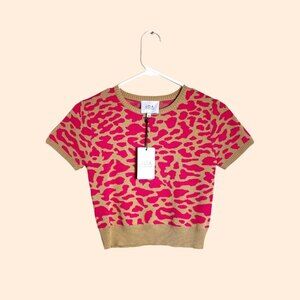 NWT J.O.A. Tan Pink Leopard Animal Printed Knit Short Sleeve Tee Shirt Size S